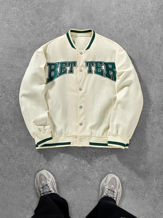 Men'S Casual Baseball Jacket with Drawstring Hood, Snap Button Closure, and Polyester Lining - Woven Polyester Fiber Sport Jacket with Baseball Collar and Regular Fit