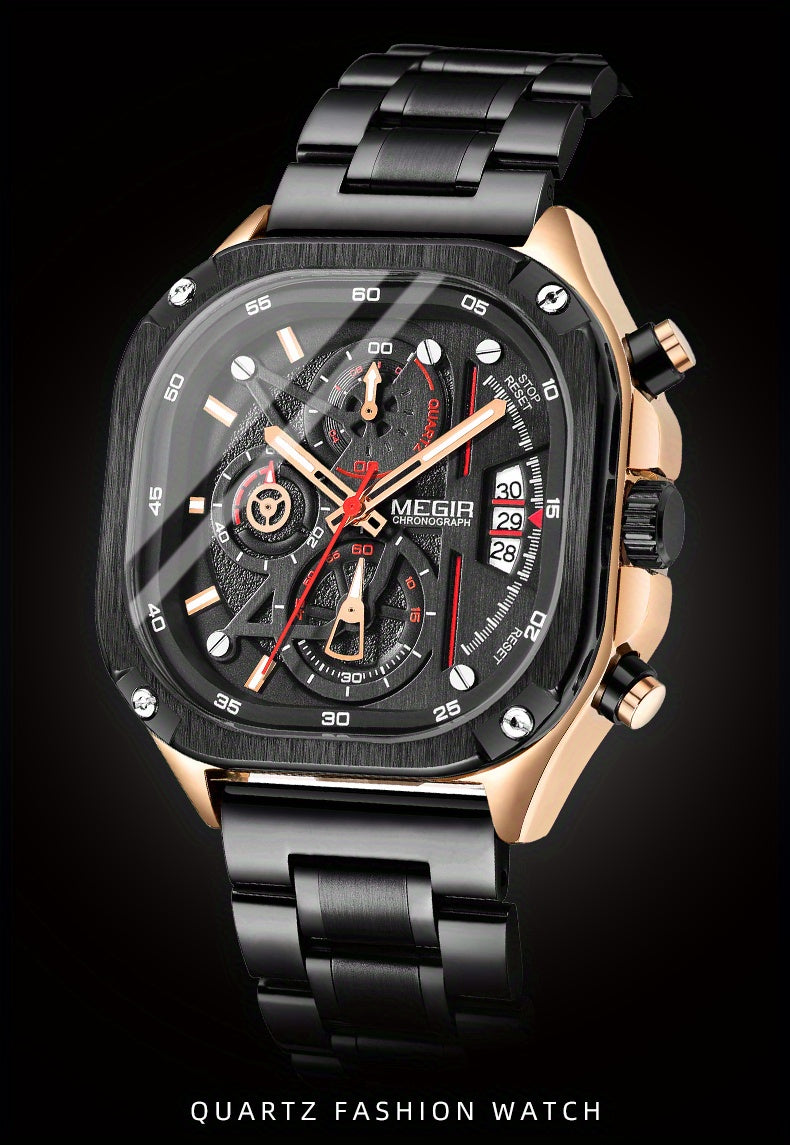 MEGIR Black Quartz Watch Men Square Dial Wristwatch with Chronograph Stainless Steel Strap Luminous Hands Auto Date