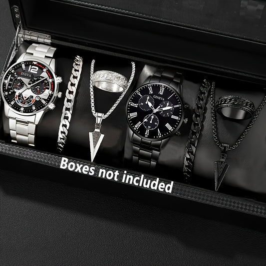 Men's 8pcs luxury gift set: stainless steel quartz watch with calendar, Golden arrow necklace, bracelet and ring - perfect business casual accessories for Valentine's Day, New Year, Easter, Ramadan, birthday, Christmas, Hallo