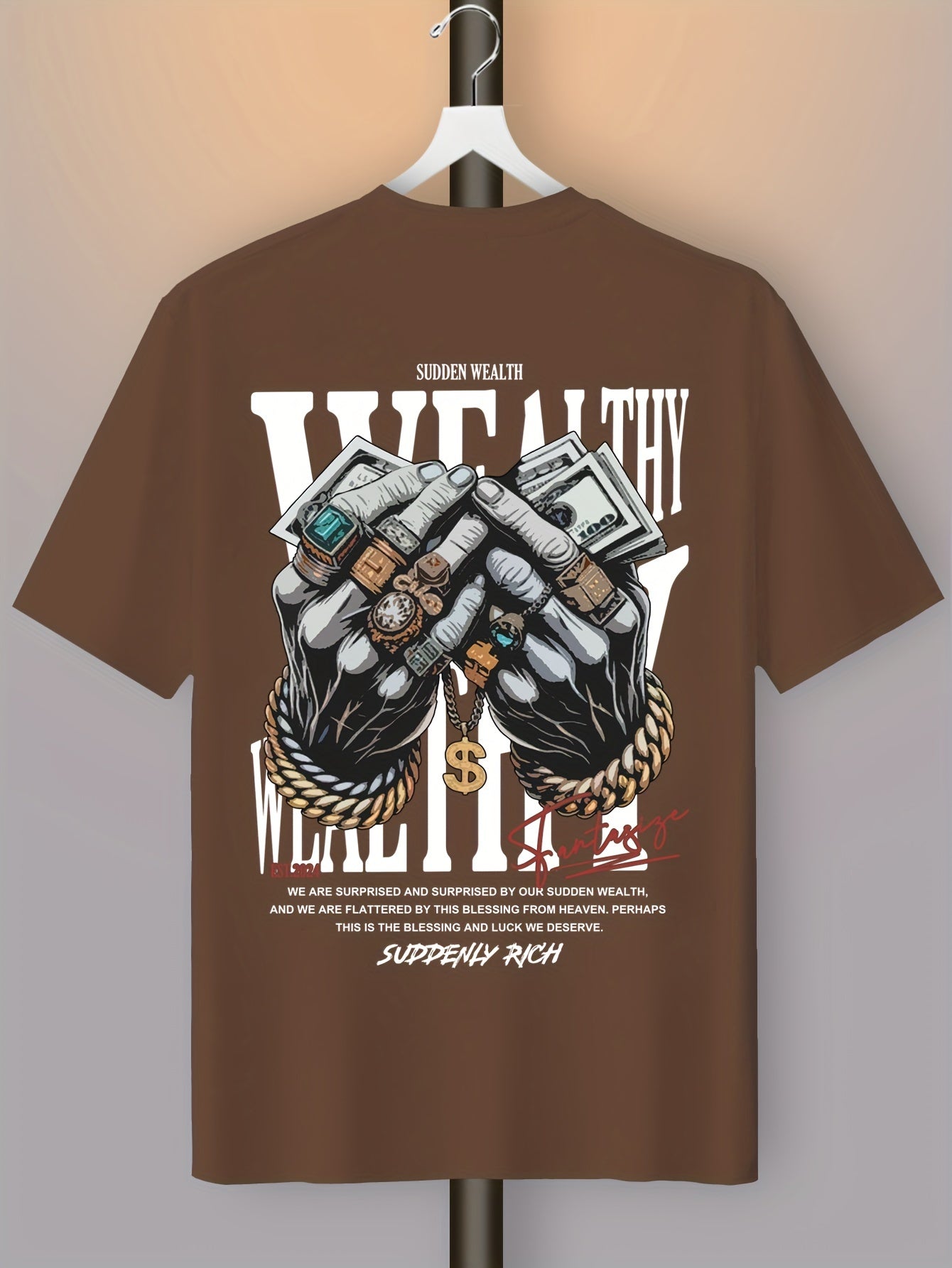 Men's Casual Graphic Tee with Unique Hand Jewelry Design - Soft Polyester Blend, Stretch Fit, Machine Washable - Perfect for Summer Outings