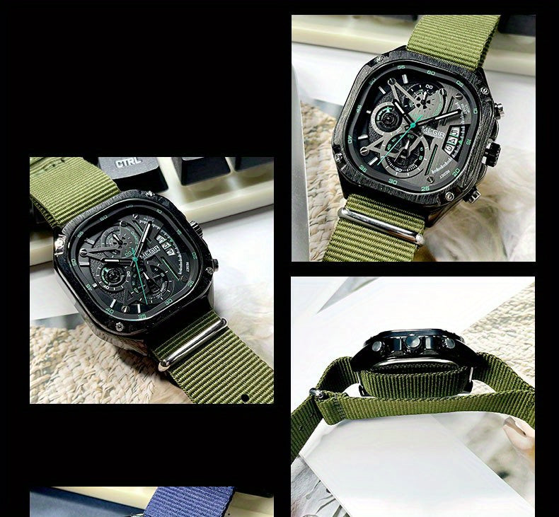 MEGIR Black Quartz Watch Men Square Dial Wristwatch with Chronograph Stainless Steel Strap Luminous Hands Auto Date