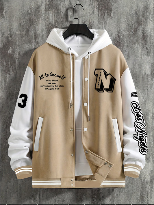 Men's Casual Letterman Jacket - Polyester Knit Fabric with Slight Stretch, Baseball Collar, Regular Fit Varsity Jacket with Pockets, Alphabet Pattern Design, Style 23 Print Track & Active Jacket