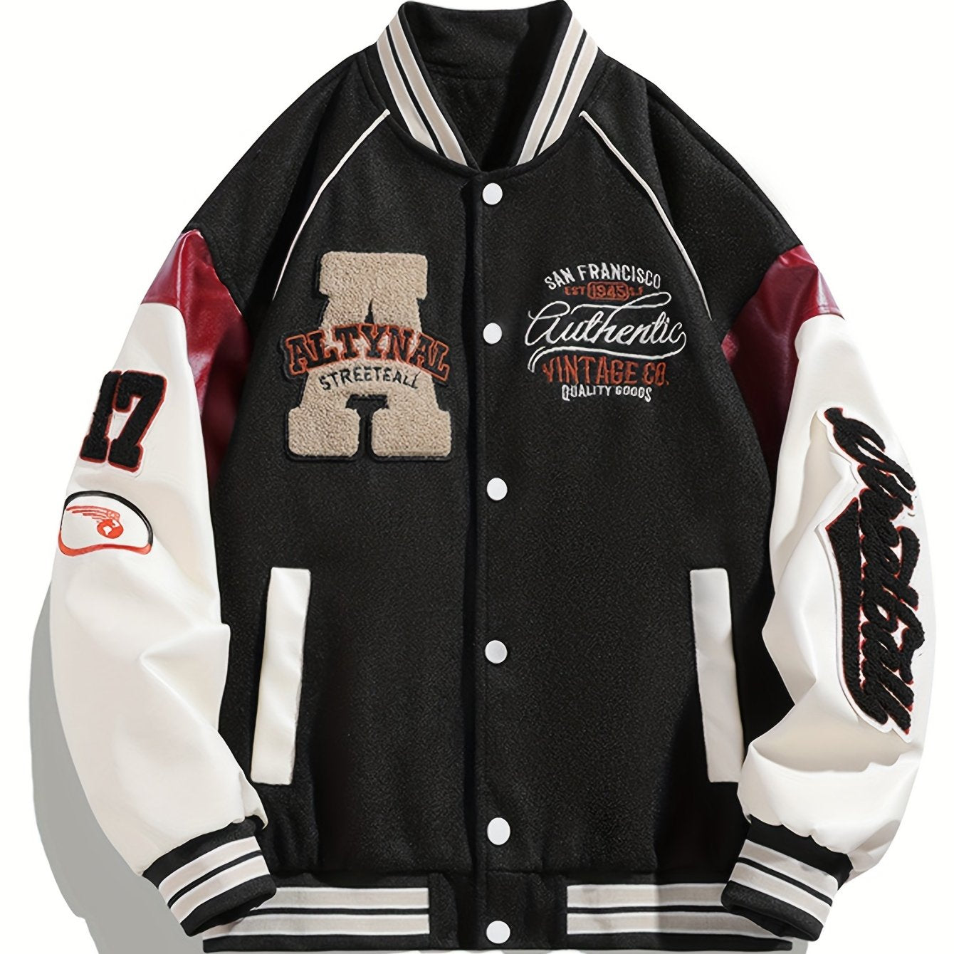 Men's Color Matching Letters Embroidery Striped Baseball Jacket With Pockets, Casual Baseball Collar Button Up Long Sleeve Varsity Jacket For Outdoor