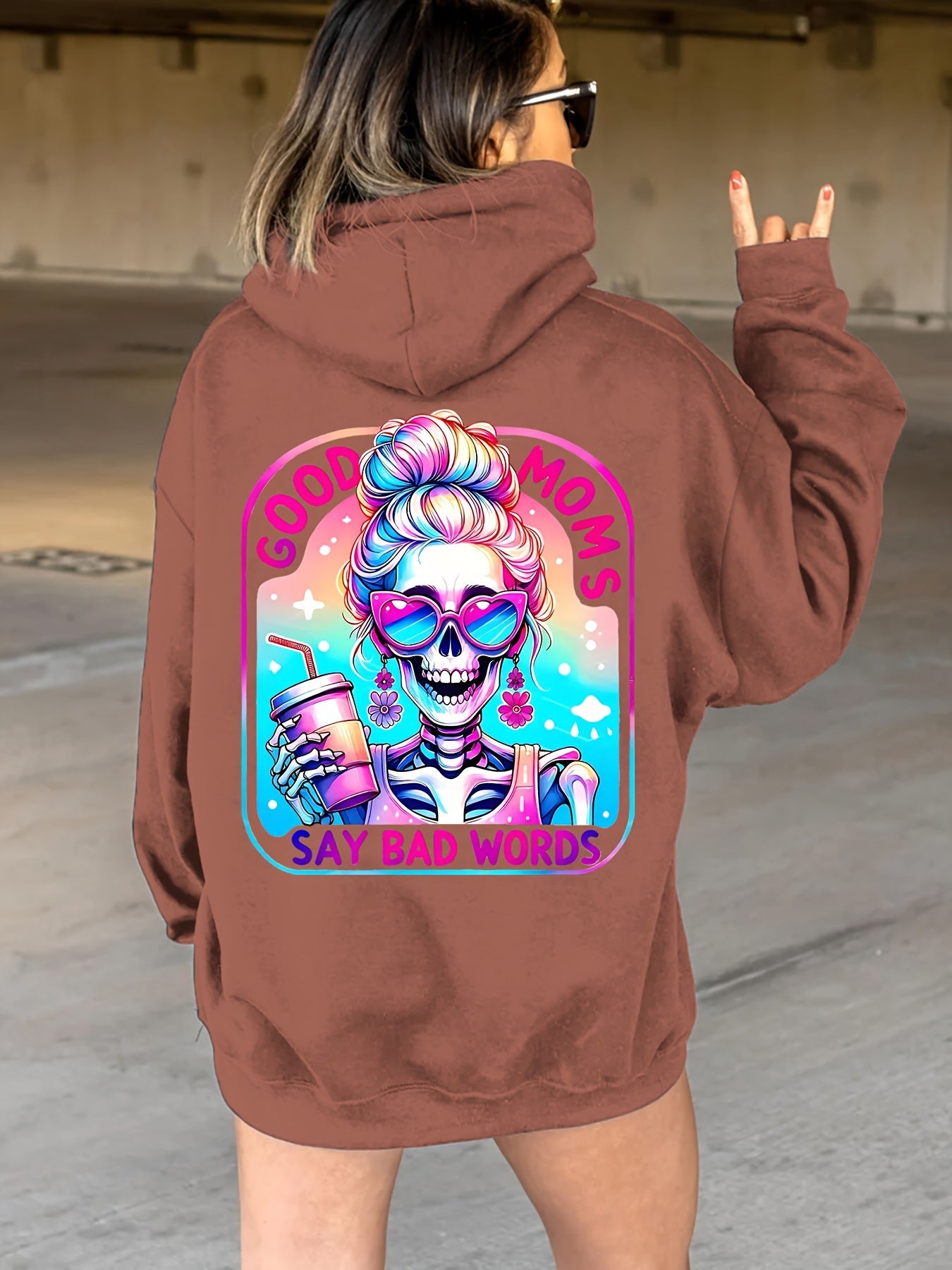 Plus Size Good Moms Say Bad Words Print Hoodie, Casual Kangaroo Pocket Drawstring Long Sleeve Hooded Sweatshirt, Women's Plus Size Clothing