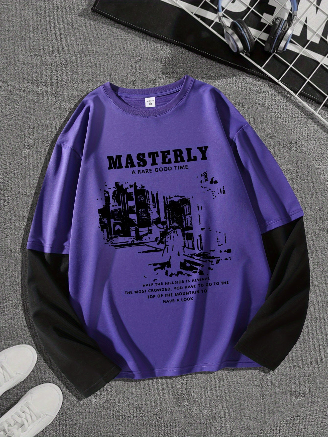 1pc Men'S Casual Street Gentleman Graphic Tee, American Trendy Oversized T-Shirt, Polyester Stretch Fabric, Round Neck, Loose Fit, All-Season Top