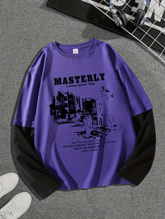 1pc Men'S Casual Street Gentleman Graphic Tee, American Trendy Oversized T-Shirt, Polyester Stretch Fabric, Round Neck, Loose Fit, All-Season Top