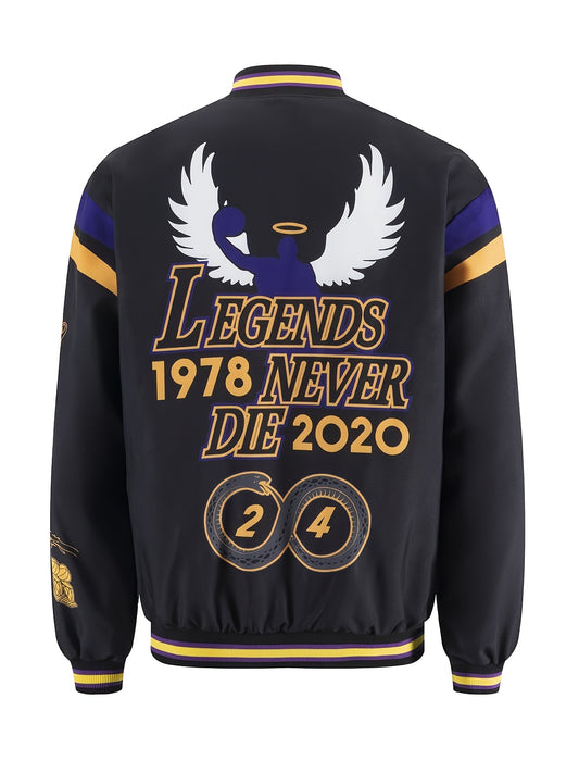 WWTCSY Legends Never Die 1978 Varsity Jacket - Men's Lightweight, Casual Baseball Collar, Button-Up with Angel Wings & Number 24 Design, Polyester, Black & Purple, Ideal for Spring/Fall, WWTCSY