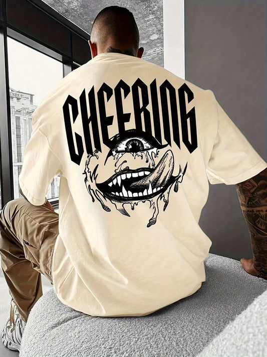 Evil Face Pattern And CHEERING Letter Print T-shirt For Men, Short Sleeve And Crew Neck Tee, Summer Top For Street Wear