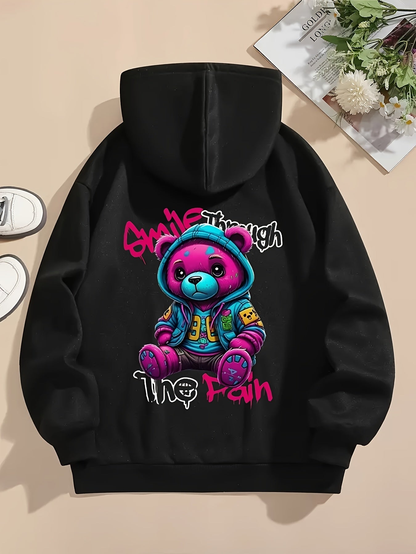 Women's Casual Graphic Teddy Bear Hoodie - Stylish Black Pullover with Colorful Design, Drawstring Hood, Long Sleeves, Machine Washable, Polyester - Perfect for Fall & Winter