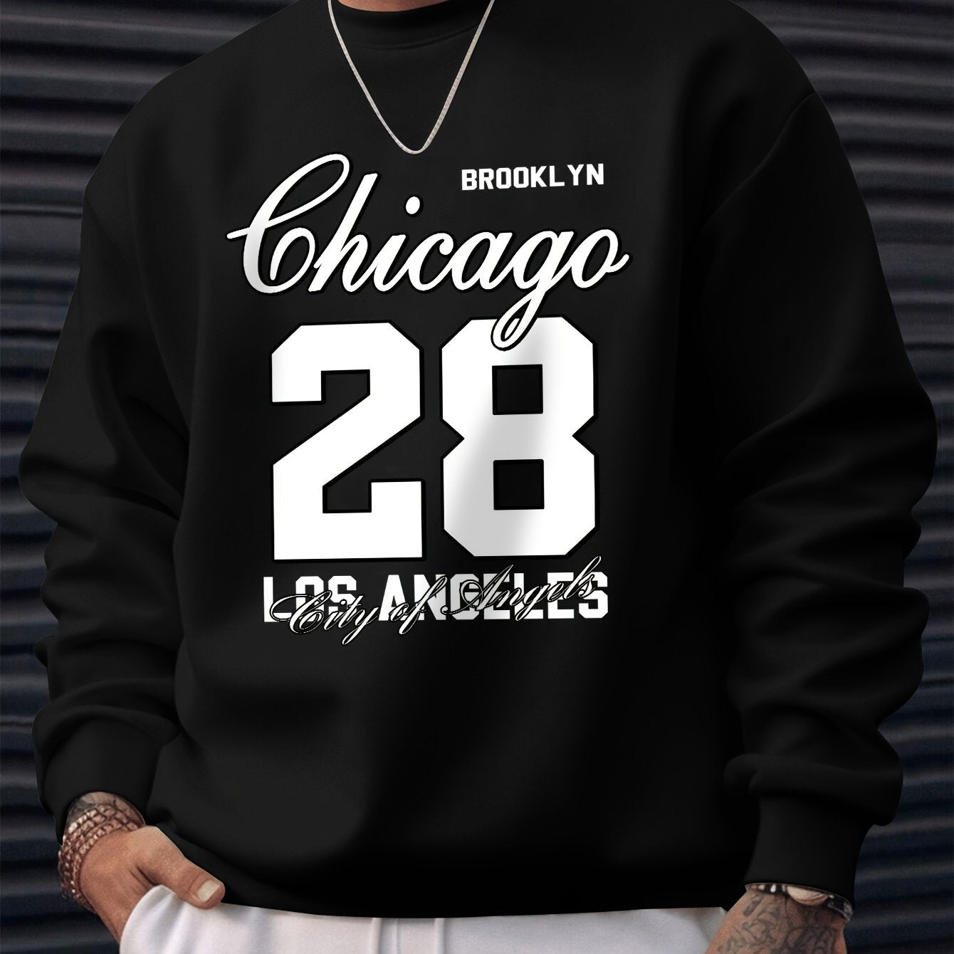 Chicago 28 Print Men's Crew Neck Long Sleeve Sweatshirt, Stylish Pullover Sweatshirt, Casual Comfortable Versatile Top For Outdoor Sports