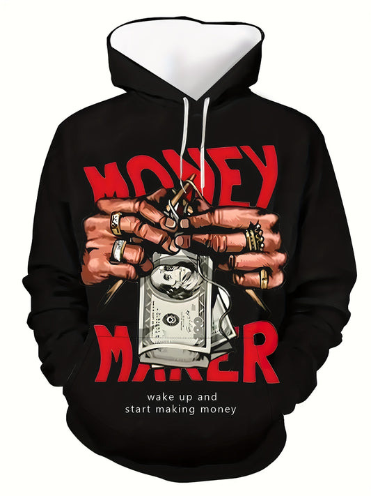 1pc Men'S Novelty Money Maker Graphic Hoodie, Street Style Polyester Pullover with Digital Print, Casual Long Sleeve Hooded Sweatshirt for Autumn/Winter, Comfortable and Warm