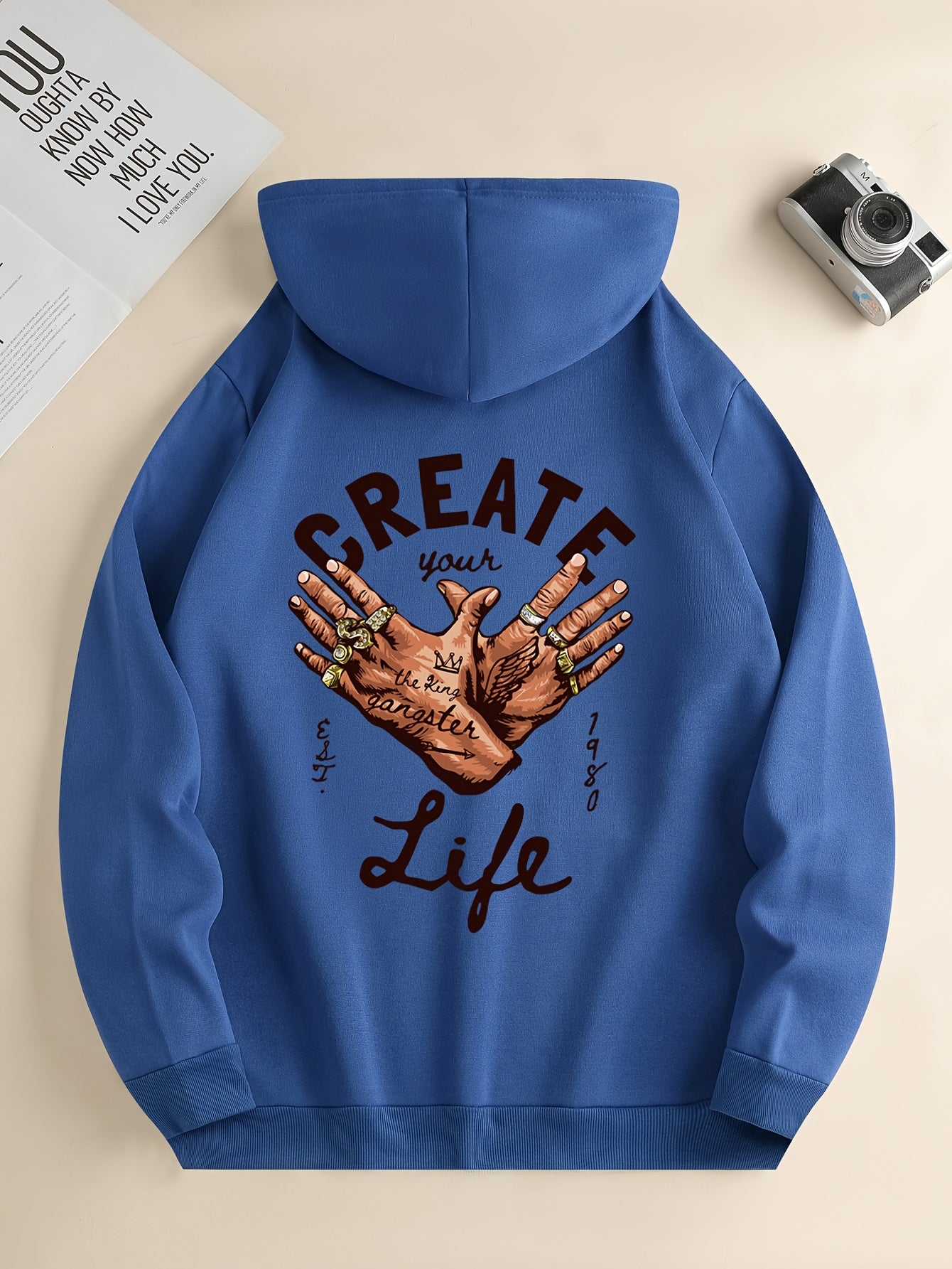 1pc Men'S Casual Street Gang Gesture Print Hoodie, Polyester Knit Fabric with Slight Stretch, Regular Fit Hooded Sweatshirt with Drawstring and Kangaroo Pocket, All-Season Top