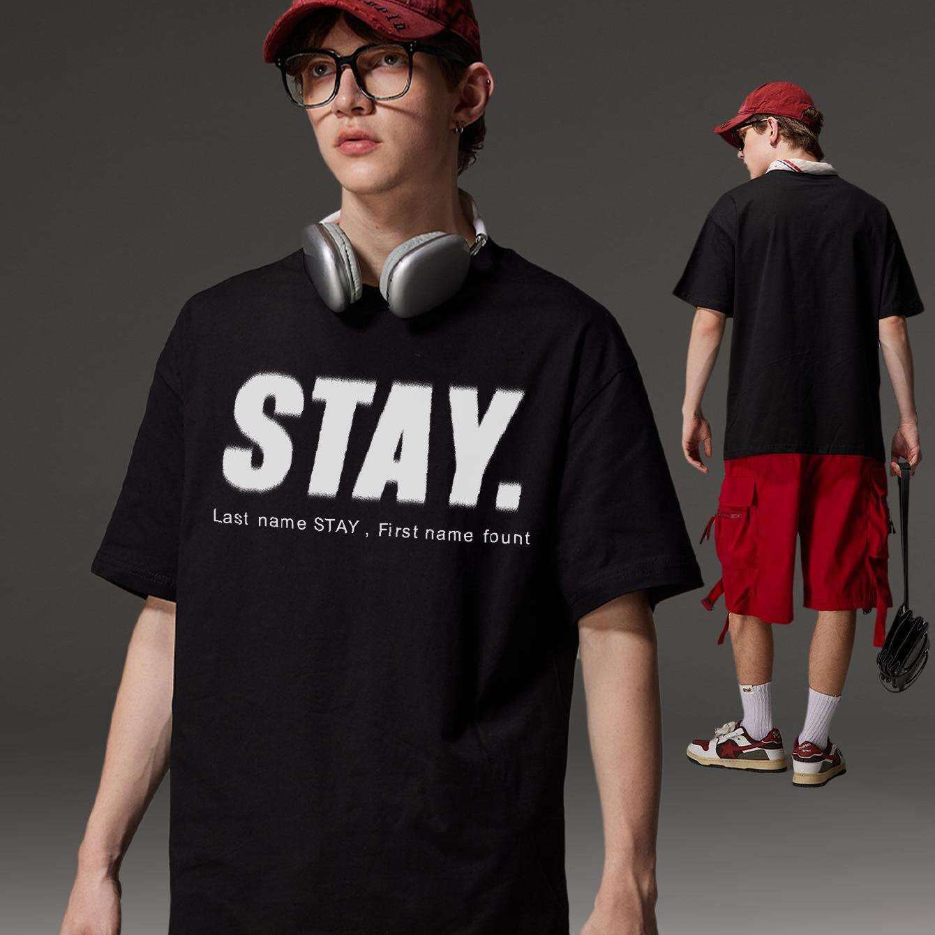 Korean Style Men Tops Kpop Streetwear STAY Print Luxury Cotton Male Tees Oversize Casual Unisex T-shirts Y2k Harajuku