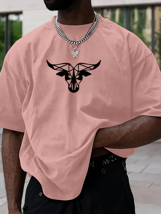 Men's T-shirt with Geometric Muscle Cow Print, Loose Fit Short Sleeve T-shirt, Dropped Shoulder