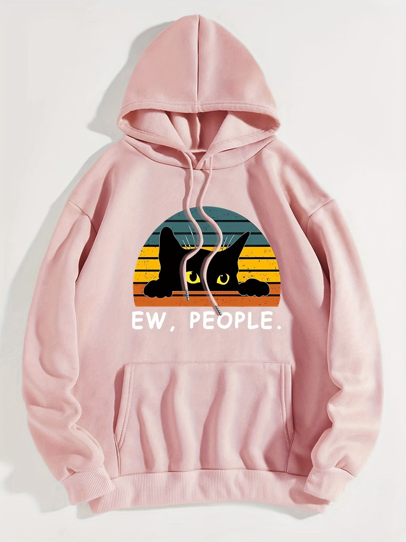 Cat Print Kangaroo Pocket Hoodie, Casual Long Sleeve Drawstring Hoodies Sweatshirt, Women's Clothing