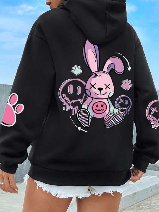 Cozy Plus Size Rabbit Print Hoodie - Casual Long Sleeve Pullover with Pockets, Soft Stretch Polyester, Machine Washable - Women's Fall/Winter Fashion