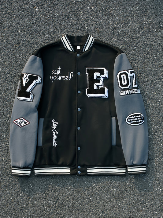 Men's Casual Letter Embroidery Baseball Jacket, Chic Color Block Bomber Jacket