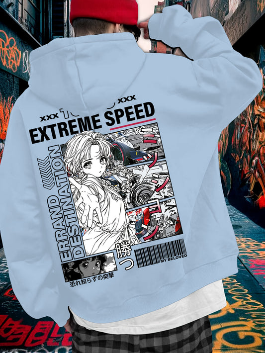 Men's Trendy Anime Racing & Female Print Hoodie - Cozy Polyester, Street Style with Drawstring & Kangaroo Pocket for Fall/Winter, Cartoon, Warm