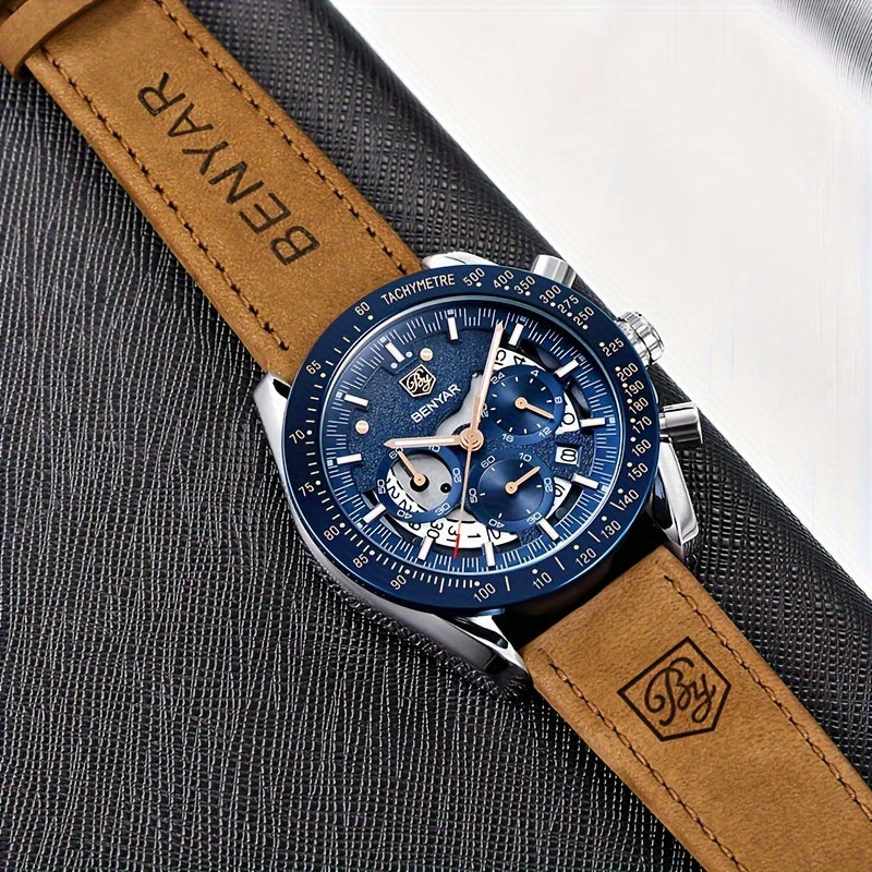 Benyar Chronograph Men's Watch - Analog Quartz Stylish Sports Wristwatch - Elegant Father's Day Gift