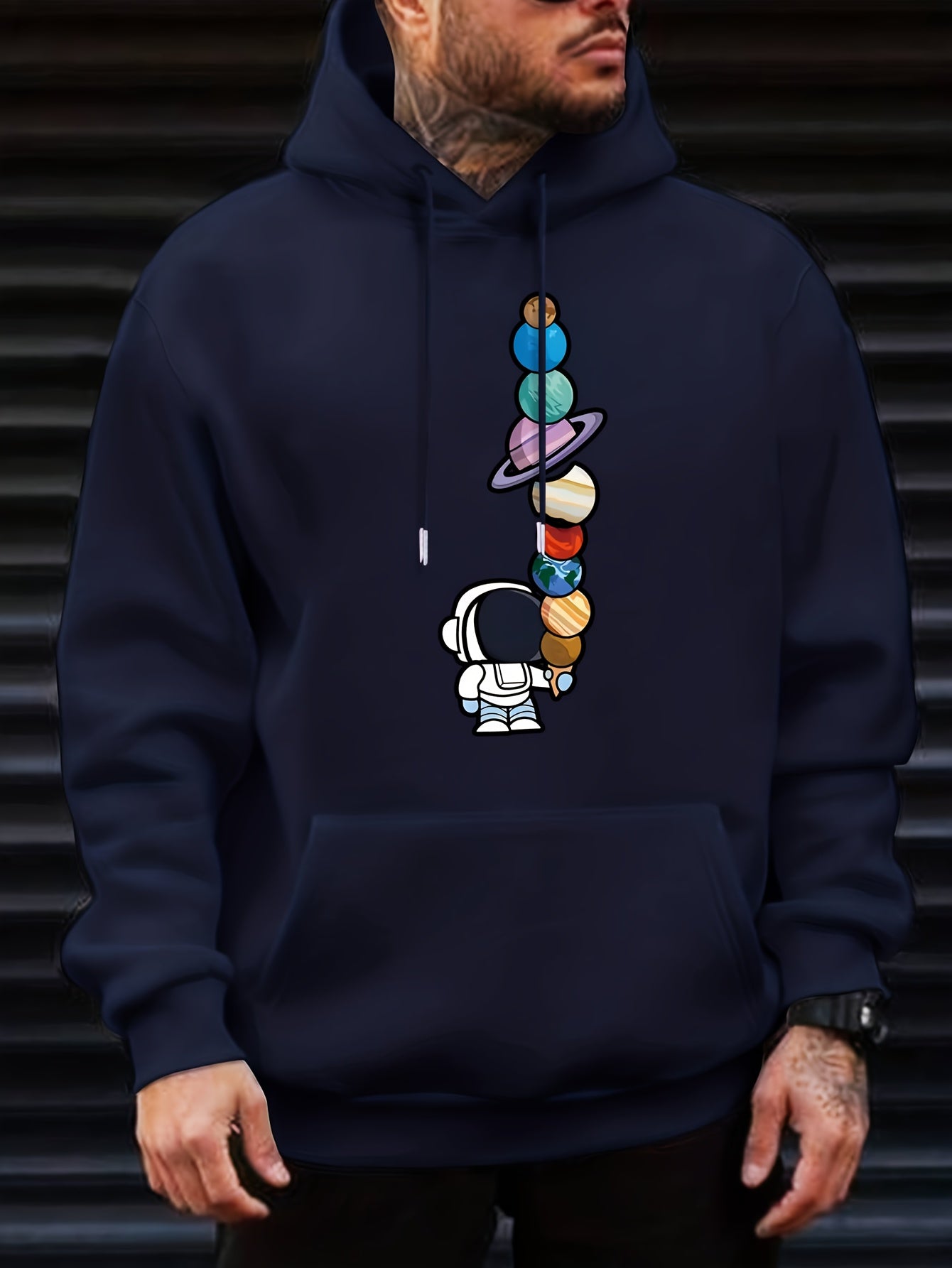 Astronaut And Planets Pattern Print Hooded Sweatshirt, Hoodies Fashion Casual Tops For Spring Autumn, Men's Clothing