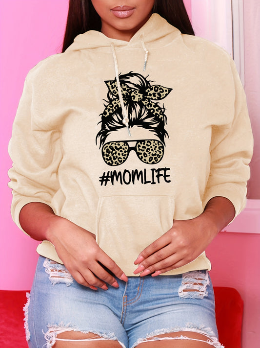 Stylish Women's Beige Hoodie with Leopard & Fashion Glasses Print - Casual, Loose-Fit Polyester Sweatshirt with Drawstring & #MomLife Graphic for All Seasons