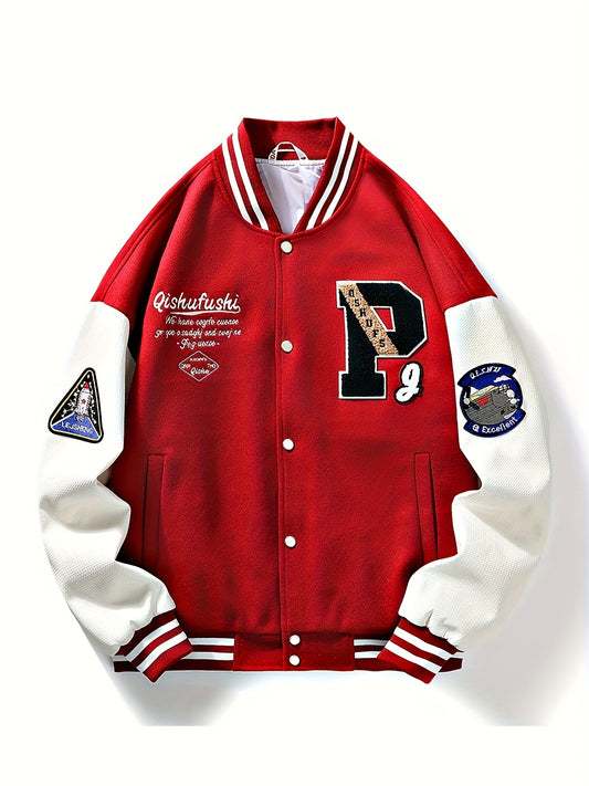 Men's Earth Pattern And Letter Embroidery Contrast Color Stand Collar Button Up Long Sleeve Baseball Jacket, Chic And Trendy Varsity Style Sports Jacket For Spring And Autumn Daily Outerwear