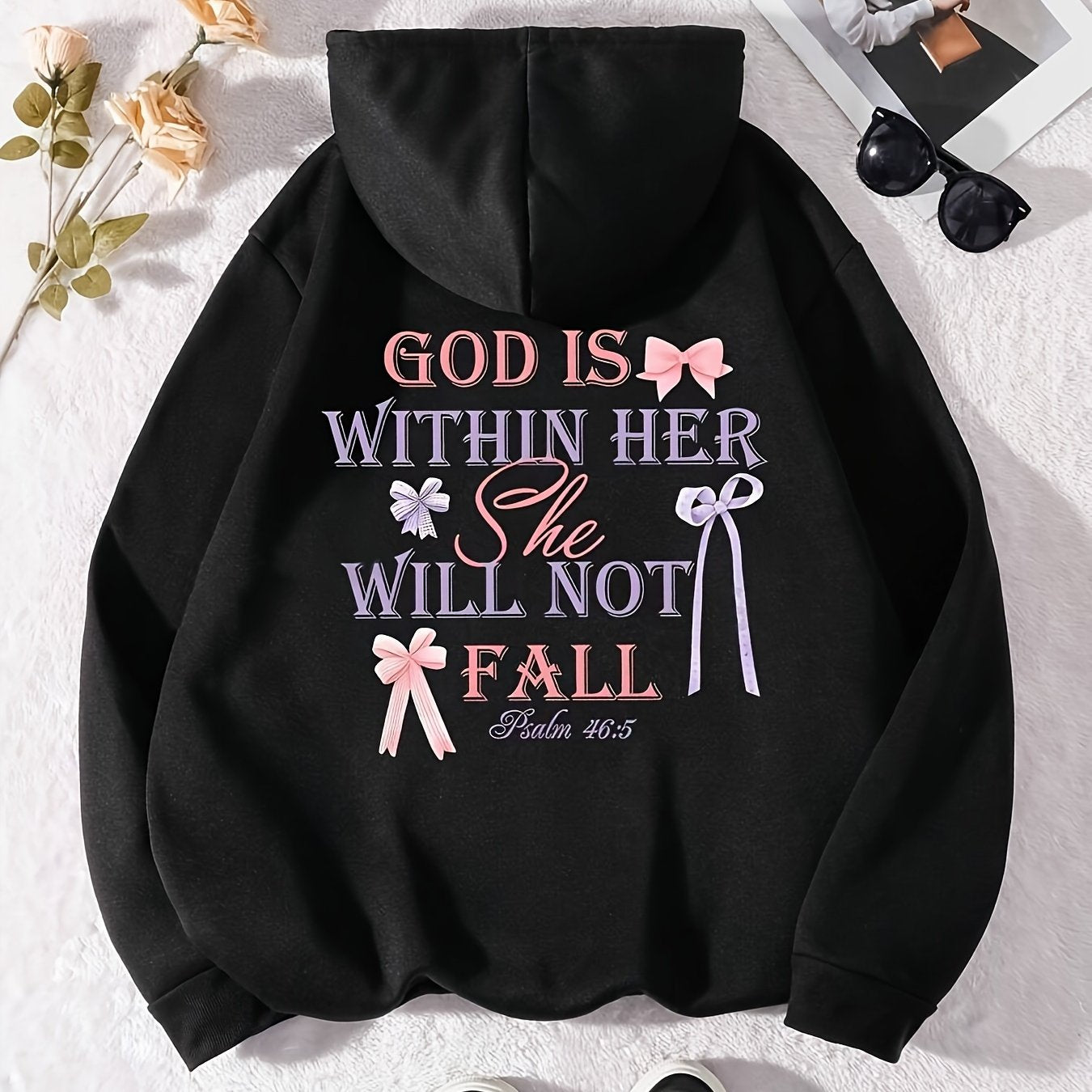 Women's Inspirational Quote Hoodie with Psalm 46:5 - Casual Style Polyester Knit Hooded Sweatshirt with Floral Design - All Season Comfort Pullover