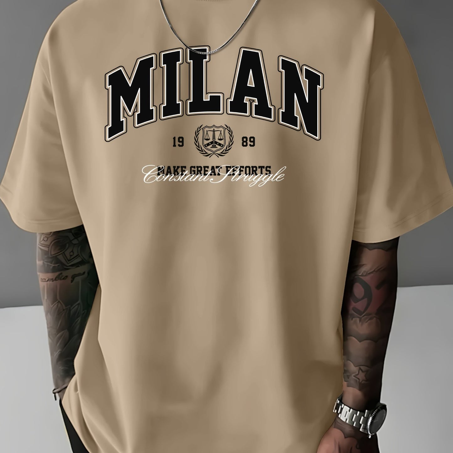 MILAN 1989 Graphic Print T-Shirt for Men - 100% Polyester Street Style Tee with Crew Neck, Slight Stretch Fabric, Casual Loose Fit Short Sleeve Top for Summer, Knit Weave