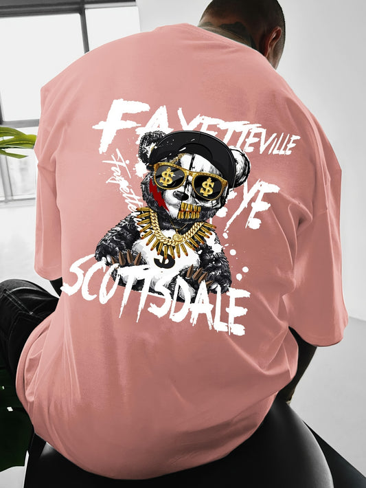 Men's Casual Panda Master Graffiti Print T-Shirt - Loose Fit, Round Neck, Short Sleeve, Polyester - Street Style Summer Tee