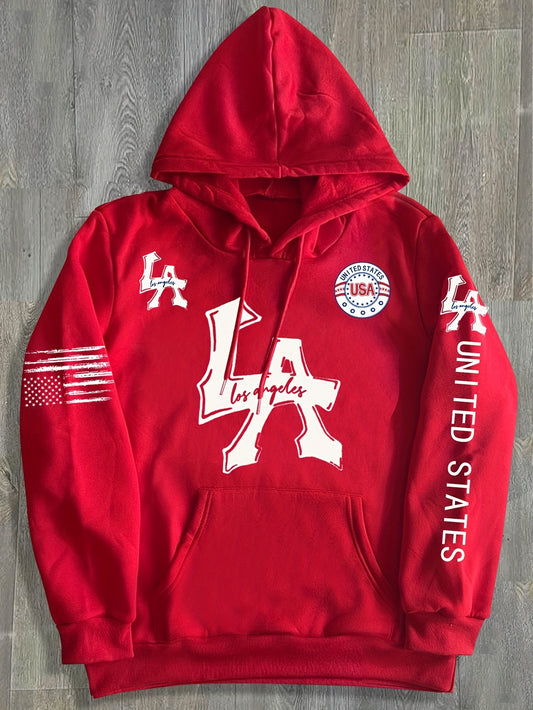 LA Print Hoodie, Cool Hoodies for Men, Men's Casual Graphic Design Pullover Hooded Sweatshirt with Kangaroo Pocket Streetwear for Winter Fall, As Gifts