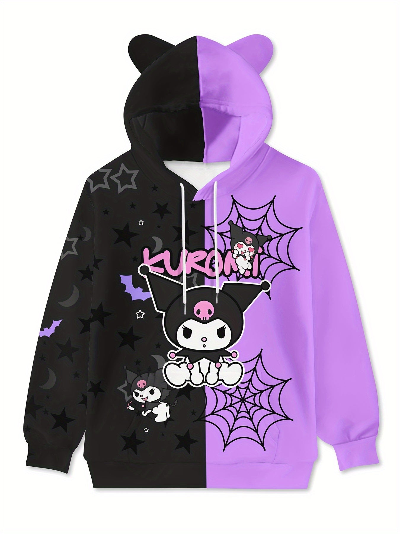Sanrio Kuromi Women'S Hoodie - 100% Polyester Casual Long Sleeve Hooded Sweatshirt with Pockets, Cartoon Pattern, Knit Fabric, Fall/Winter Collection