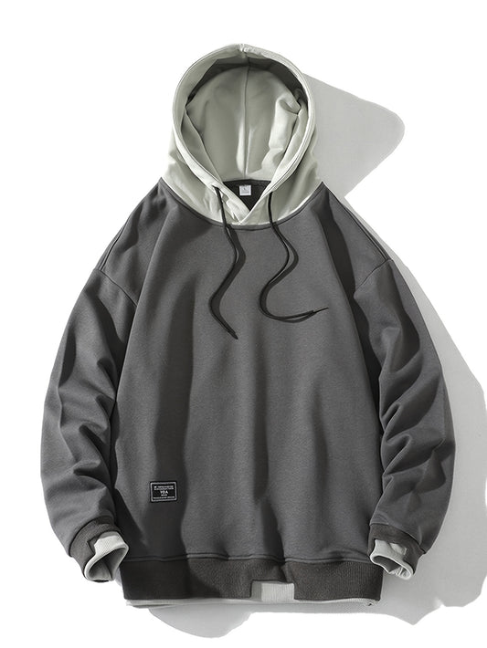 Men'S Fashion Casual Hooded Sweatshirt, 100% Polyester Knit Fabric, Long Sleeve, Loose Fit Pullover with Geometric Applique Design, Medium Stretch, for Spring/Autumn Trendy Streetwear