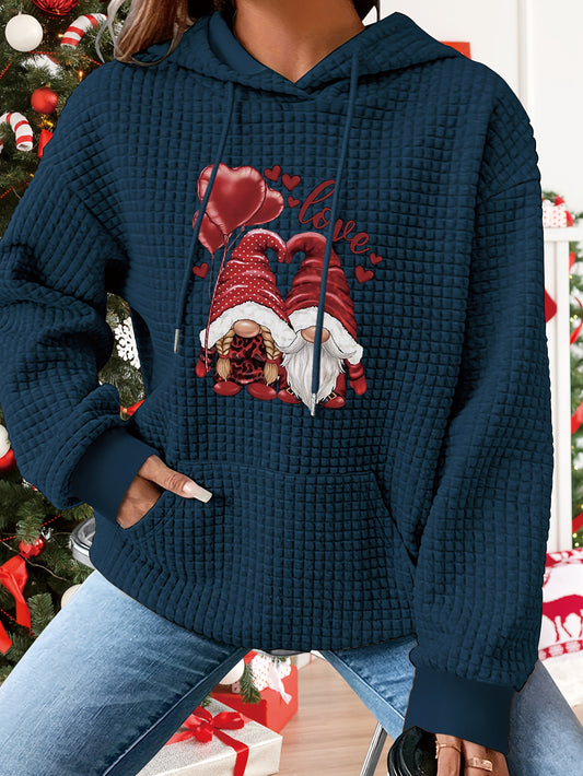 Women'S Festive Christmas Love Heart Graphic Print Hoodie, Casual Pullover with Drawstring Kangaroo Pocket, 95% Polyester 5% Spandex, Slight Stretch Knit Fabric, Alphabet Pattern, Applique Detail, for Fall/Winter Season
