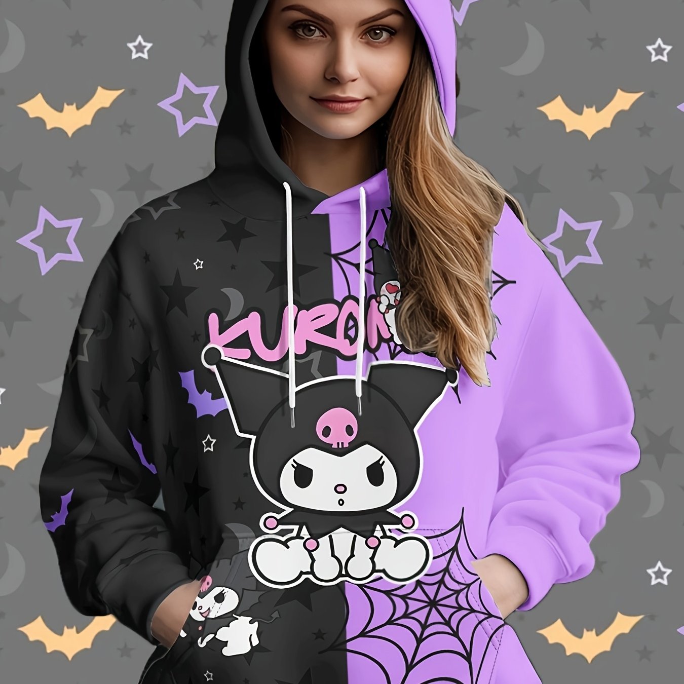 Sanrio Kuromi Women'S Hoodie - 100% Polyester Casual Long Sleeve Hooded Sweatshirt with Pockets, Cartoon Pattern, Knit Fabric, Fall/Winter Collection