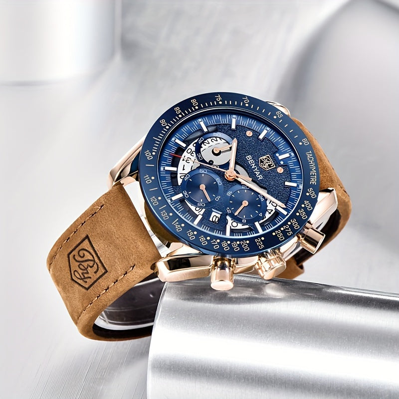 Benyar Chronograph Men's Watch - Analog Quartz Stylish Sports Wristwatch - Elegant Father's Day Gift