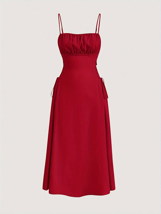Square Neck Side Tie Dress, Sexy Solid Backless Spaghetti Strap Ruched Cami Dress, Women's Clothing