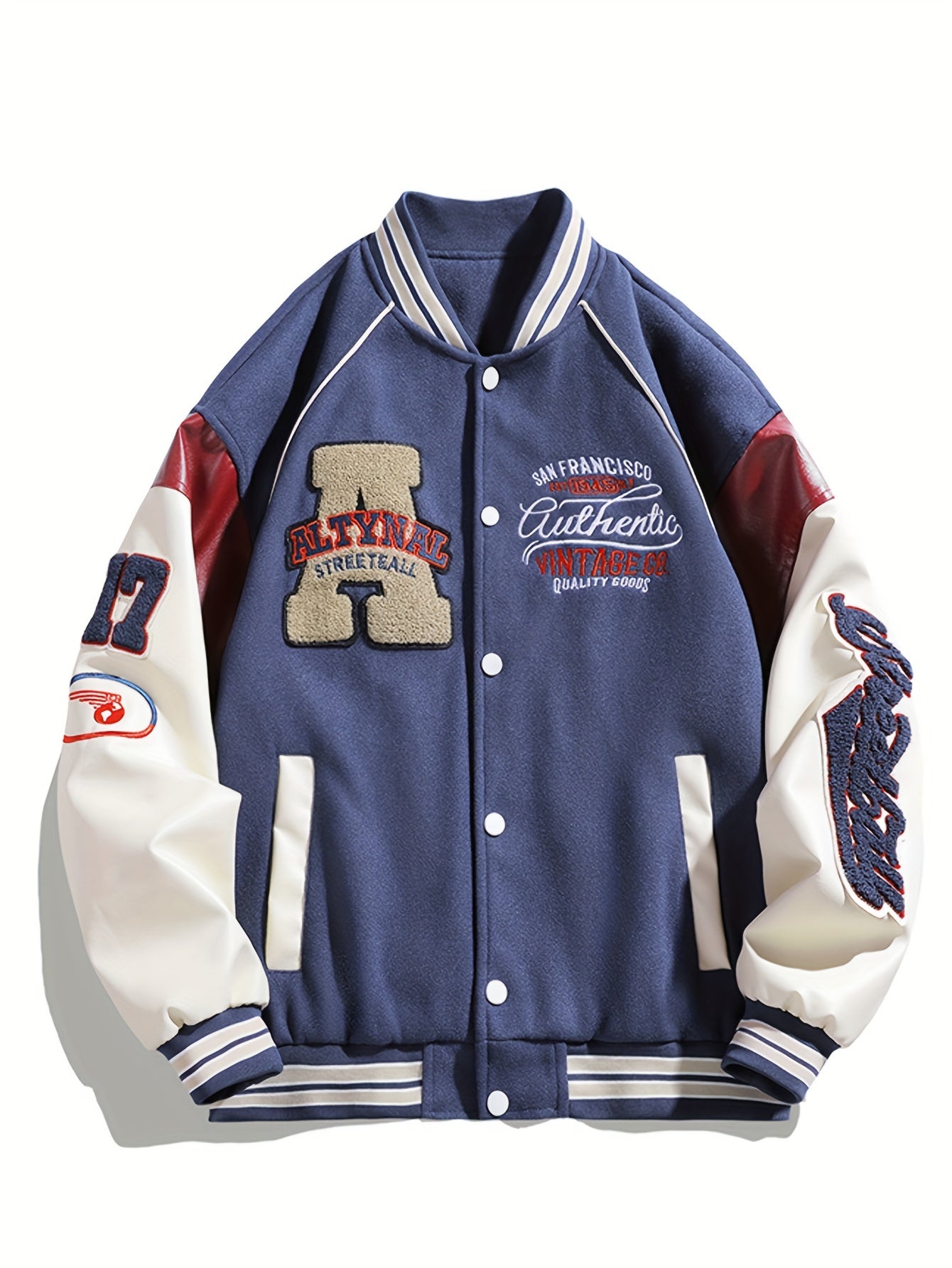 Men's Color Matching Letters Embroidery Striped Baseball Jacket With Pockets, Casual Baseball Collar Button Up Long Sleeve Varsity Jacket For Outdoor