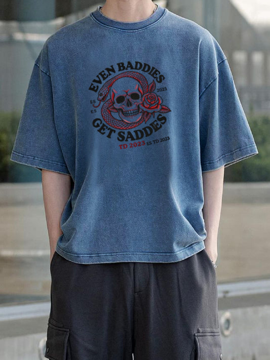 Retro-Inspired Men's Fashion T-Shirt - "Even Bad Dies Get " Skull & Roses Graphic, Casual Loose Fit, Cotton Blend, Short Sleeve, Round Neck, Machine Washable - Blue, Machine Washable Top|Casual Loose Tee|Nonstretch Material,