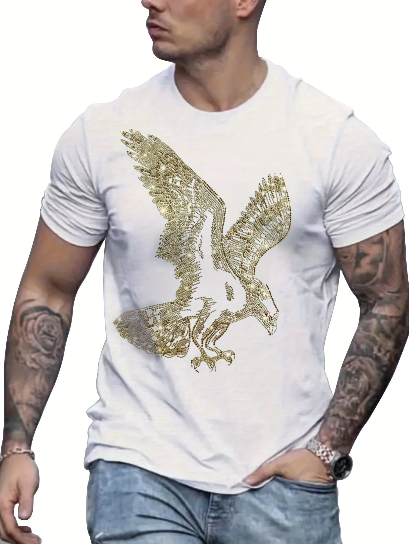 Funny Eagle Graphic T-Shirt with Rhinestone Bling, Comfortable Crewneck Short Sleeve Summer Tee, Cotton - HZCX FASHION
