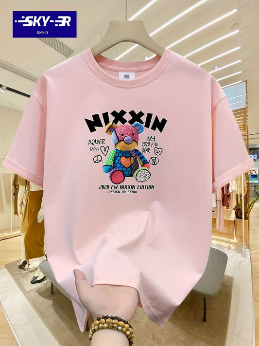 SKY·R Men's Loose 100% Cotton Bear Graphic Print T-shirt, Casual Short Sleeve Crew Neck Tee, Men's Clothing For Summer Outdoor