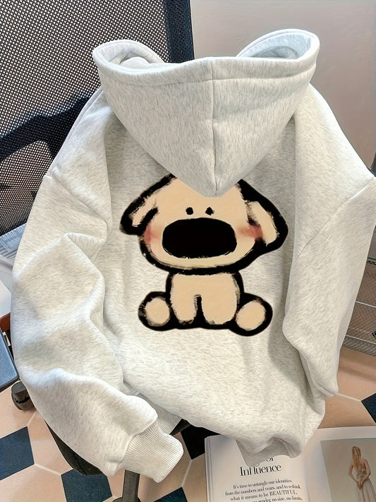 Dog Print Drawstring Hoodie, Casual Long Sleeve Pullover Hooded Sweatshirt For Fall & Winter, Women's Clothing