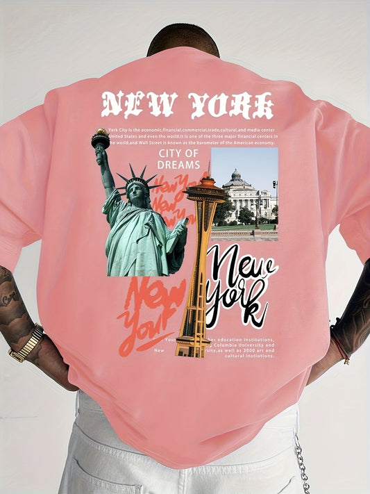 Men's Casual Statue of Liberty & Letter Print T-Shirt - Loose Fit, Breathable Polyester, Round Neck - Perfect for Summer