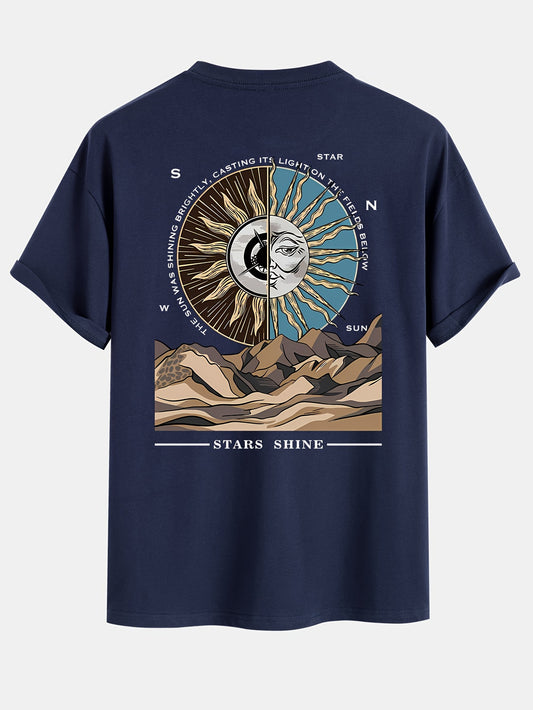 Men's 100% Cotton Loose Sun Graphic Print T-shirt, Casual Short Sleeve Crew Neck Tee, Men's Clothing For Summer Outdoor
