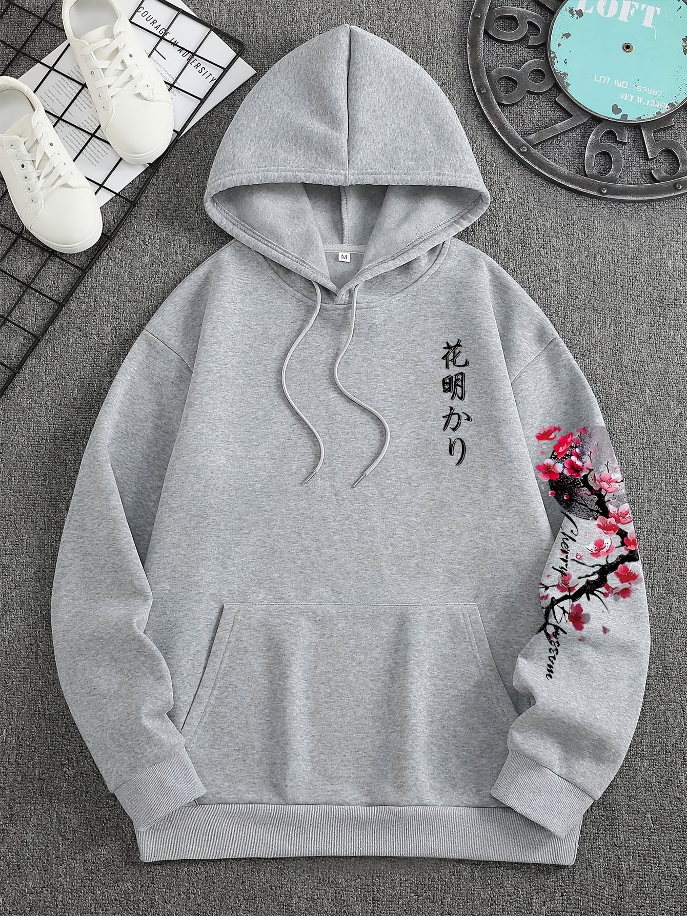 Men's Cherry Blossom Print Fleece-Lined Hoodie - Casual & Sporty Loose Fit Green Sweatshirt with Pockets, Polyester, Non-Stretch Fabric for Fall/Winter