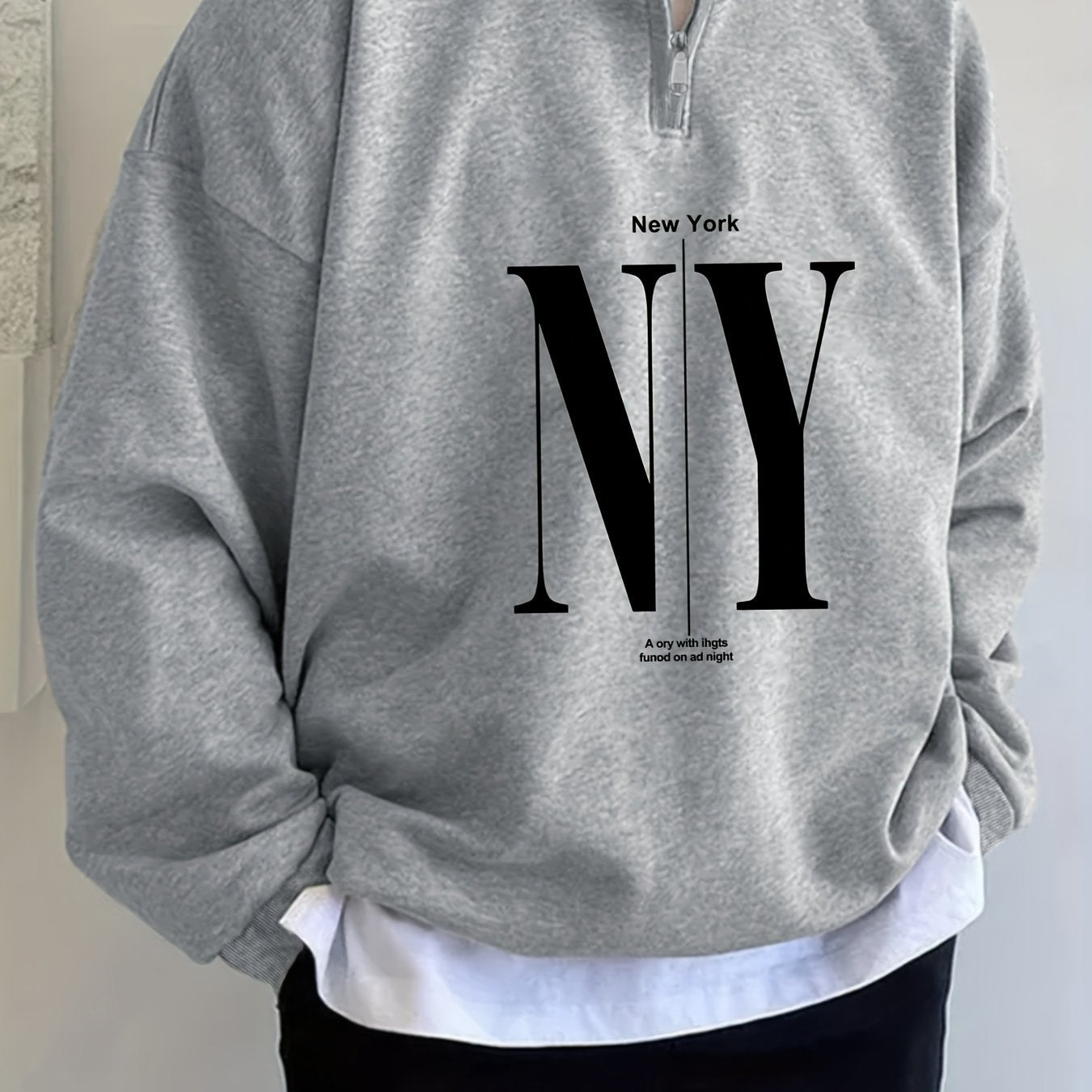 1pc Men'S Casual Polyester Sweatshirt with NY Letter Print, Collared Neck, Long Sleeve, Slight Stretch Knit Fabric, Regular Fit Pullover for Autumn/Winter