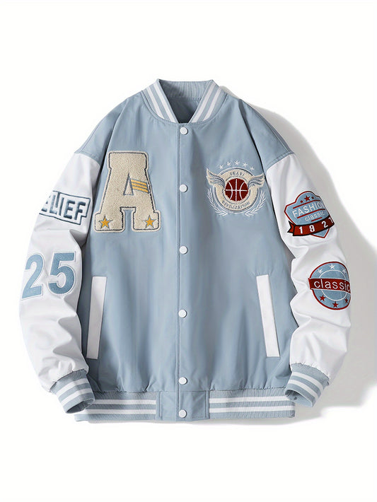 Men's Varsity Jacket, Casual Sweatshirt Cardigan, Button-Up Baseball Jacket With Fancy Embroidered Design And Zippered Pockets, Comfortable Fit Outerwear
