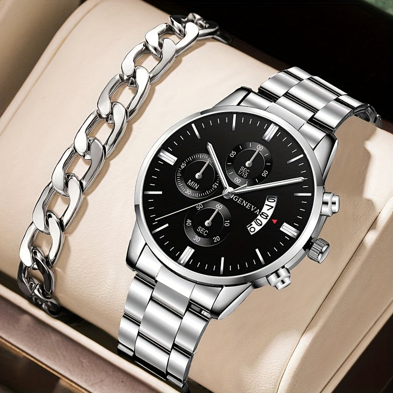 2PCS Fashion Mens Bracelet Watches Set Men Business Stainless Steel Quartz Watch Male Calendar Date Wristwatch