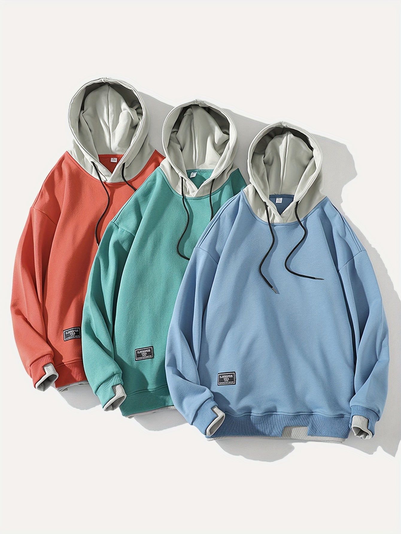 Men'S Fashion Casual Hooded Sweatshirt, 100% Polyester Knit Fabric, Long Sleeve, Loose Fit Pullover with Geometric Applique Design, Medium Stretch, for Spring/Autumn Trendy Streetwear