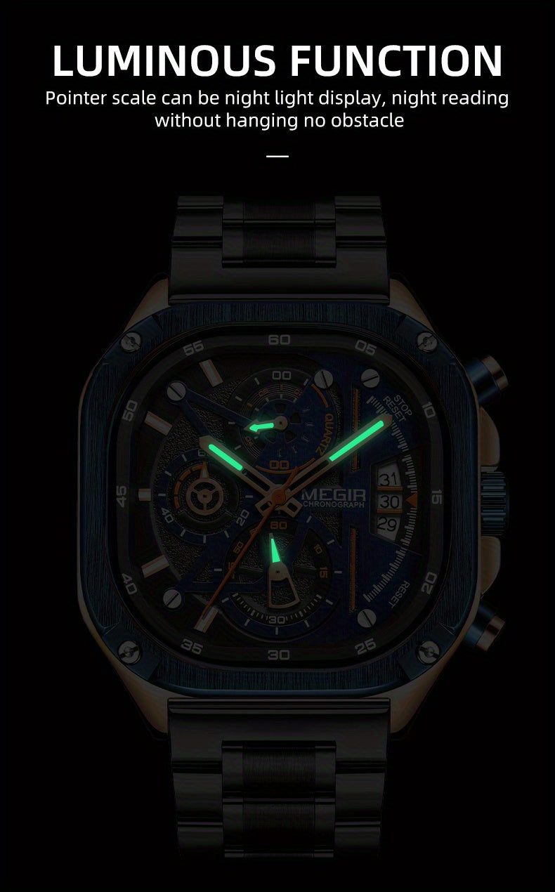 MEGIR Black Quartz Watch Men Square Dial Wristwatch with Chronograph Stainless Steel Strap Luminous Hands Auto Date