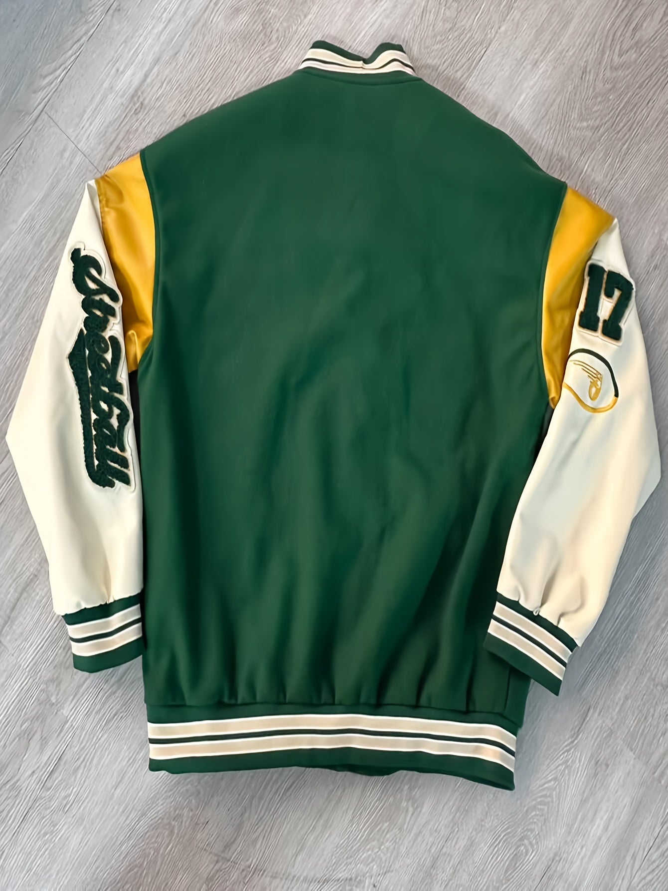Men's Color Matching Letters Embroidery Striped Baseball Jacket With Pockets, Casual Baseball Collar Button Up Long Sleeve Varsity Jacket For Outdoor